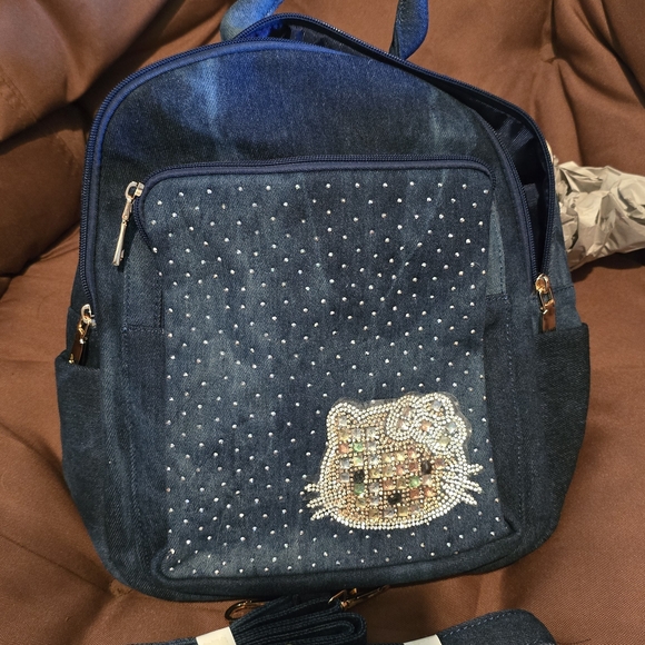 Denim Blue Backpack with Rhinestone Design